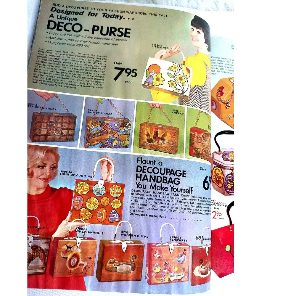 Vintage 1970 American Handicrafts Catalog Retro 70s Boho Decoupage Purse Craft